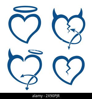 Teufelsherz, Engels Herz, gebrochenes Herz. Devil's and Angel's Heart Collection. Vektor und Illustration. Stock Vektor