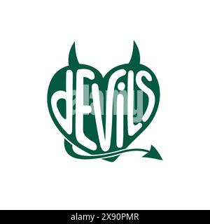 Teufelsherz mit Hörner-Schriftzug. Vektor und Illustration. Stock Vektor