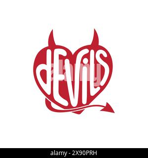 Teufelsherz mit Hörner-Schriftzug. Vektor und Illustration. Stock Vektor