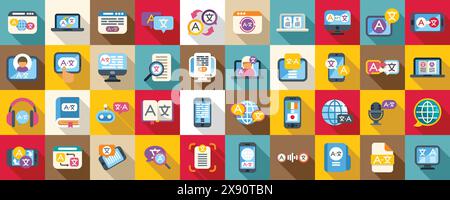 Symbole der Translator-App legen den Vektor fest. Eine Sammlung von Symbolen für verschiedene Geräte und Anwendungen, einschließlich eines Laptops, Tablets und Mobiltelefons Stock Vektor