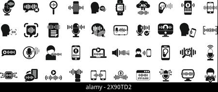 Die Symbole der App für Sprach- und Spracherkennung legen den Vektor fest. Eine Sammlung von Symbolen für verschiedene Geräte und Apps, darunter ein Mikrofon, ein Laptop, ein Mobiltelefon und ein Tablet Stock Vektor