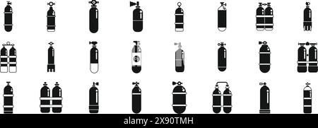 Symbole für Tauchzylinder legen den Vektor fest. Eine Sammlung von schwarz-weißen Symbolen für verschiedene Arten von Gasflaschen. Die Kollektion umfasst eine Vielzahl von Formen und Größen, z. B. einen Zylinder mit einem roten und weißen Streifen Stock Vektor