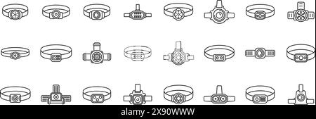 Scheinwerfersymbole legen den Vektor fest. Eine Sammlung verschiedener Arten von Ringen und Armbändern. Die Ringe und Armbänder haben alle verschiedene Formen und Größen und sind alle in einer Reihe angeordnet Stock Vektor