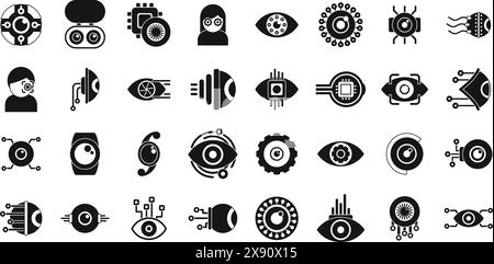 Augenimplantate Symbole setzen Vektor. Eine Sammlung von Schwarzweiß-Symbolen, darunter eine Person mit einer Uhr, eine Person mit einer Kamera und eine Person mit einem Computer Stock Vektor