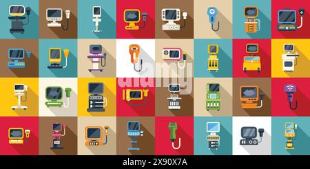 Symbole für Ultraschallgeräte legen den Vektor fest. Eine Sammlung von medizinischen Geräten in einer Vielzahl von Farben und Formen. Innovationskonzept und Fortschritt im medizinischen Bereich Stock Vektor