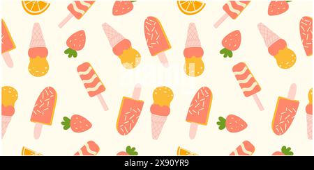 Süßes Sommermuster mit Eis, Erdbeere und Orange. Handgezeichnete Vektordarstellung. Stock Vektor