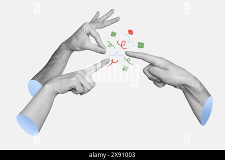 Kreative Bildcollage menschliche Hände zeigen Finger Gesten Zeigen Zeichnungselemente entscheiden surreales Konzept 3D-Körperfragmente Stockfoto