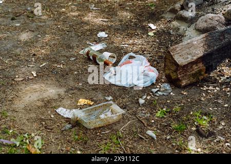 Verschiedene Müll, Plastiktüten, Behälter, Flaschen und Lebensmittelabfälle sind auf einer Waldlichtung verstreut. Stockfoto