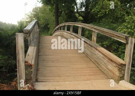 Gekrümmte hölzerne Fußgängerbrücke über einen Bach in den USA Stockfoto