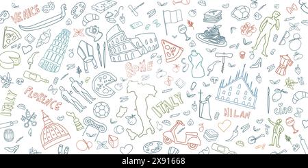 Italienisches Reise-Doodle-Farbsymbol Kunstillustration. Hand gezeichnet Vektor Clip Art. Hintergrund Banner Set Logos Stock Vektor