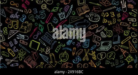 Back to School nahtloses Muster. Auf schwarzem Hintergrund. Vektorabbildung Stock Vektor