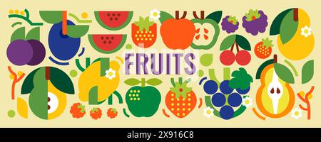 Eine Sammlung von einfachen Früchten. Vektorillustration von Lebensmitteln. Äpfel, Birnen, Erdbeeren, Pflaumen, Trauben, Himbeeren, Kirschen, Wassermelone Stock Vektor