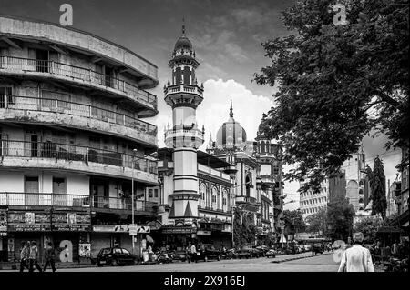 07 03 2011 Vintage Old Black and White Foto von gut dekorierter Moschee Hamidiya Masjid Pydhonie Polizeistation Ibrahim Rehmatullah Rd Mumbai Maharashtr Stockfoto