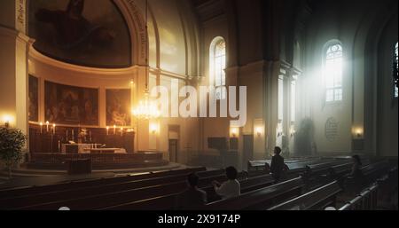 Gruppe Treuer Pfarrer In Der Großen Alten Kirche. Christliche Gemeinde, die Trost im Glauben und religiösen Glauben sucht. Fromm sitzen, in Ehrfurcht beten, Führung in Gott suchen. Weitsicht Stockfoto