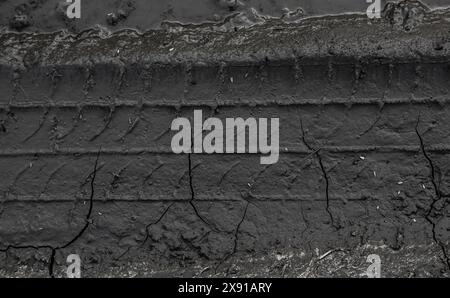 Spuren von Reifenprofilen im Boden. Muster. Dunkler abstrakter Hintergrund. Aufdruck der Räder. Strukturierter Boden. Reifen zeichnen. Stockfoto