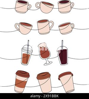 Kaffeeset, einzeilige, durchgehende Zeichnung. Kaffeetassen zum Mitnehmen, Plastikbecher durchgehende, einzeilige farbige Illustration. Stock Vektor
