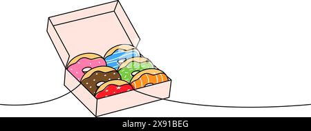 Donuts in einer Box, einzeilige, durchgehende Zeichnung. Bäckerei, süßes Gebäck. Lineare Vektordarstellung. Stock Vektor