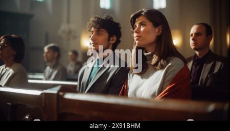 Gruppe treuer Pfarrer in der Großen alten Kirche, die Predigt hören. Christliche Gemeinde, die Trost im Glauben und religiösen Glauben sucht. Beten, von Gott leiten lassen Stockfoto