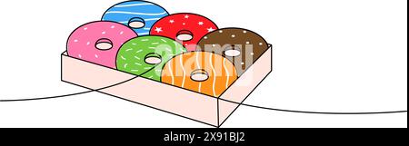 Donuts in geöffnetem Feld, einzeilige, durchgehende Zeichnung. Bäckerei, süßes Gebäck. Lineare Vektordarstellung. Stock Vektor