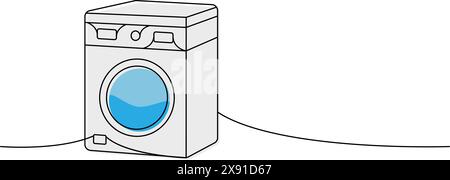 Durchgehende Zeichnung der Waschmaschine mit einzeiliger Farbe. Durchgehende Darstellung der Reinigungswerkzeuge in einer Zeile. Lineare Vektordarstellung. Stock Vektor