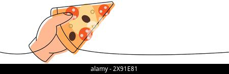 Hand hält italienische Pizza, eine Linie farbige durchgehende Zeichnung. Traditionelles italienisches Fast Food durchgehende einzeilige Illustration. Vektorabbildung. Stock Vektor