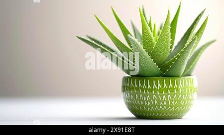 Aloe Vera Pflanze in einem kleinen gemusterten grünen Topf mit weichem Hintergrund, der ein frisches und lebendiges Gefühl vermittelt Stockfoto