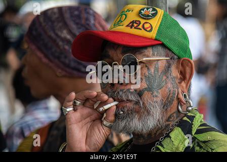 Bangkok, Thailand. Mai 2024. Ein Mann sah während des Protestes einen Joint rauchen. Eine Gruppe von Cannabisaktivisten und -Unterstützern versammelte sich vor dem Gebäude der Vereinten Nationen in Bangkok, um gegen die Möglichkeit der Wiederkriminalisierung von Cannabis zu protestieren, nachdem Cannabis in Thailand 2022 entkriminalisiert wurde. Die thailändische Regierung plant, sie bis Ende 2024 erneut unter Strafe zu stellen. Quelle: SOPA Images Limited/Alamy Live News Stockfoto