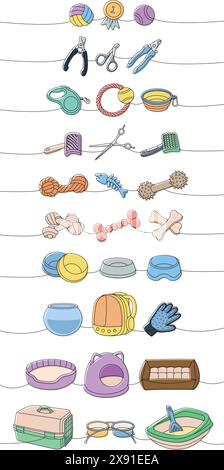 PET-Zubehörset. Kauspielzeug, Ballspielzeug, Medaille, Schere, Nagelschneider, Fellentferner, Aquarium, Rucksackträger, Bandbandleine, tragbare Wasserschale Stock Vektor