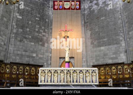 Basilika Santa Maria del Pi in Barcelona, Katalonien, Spanien, Architektur im katalanischen gotischen Stil aus dem 14. Jahrhundert, Europa, Nahaufnahme des Altars Stockfoto