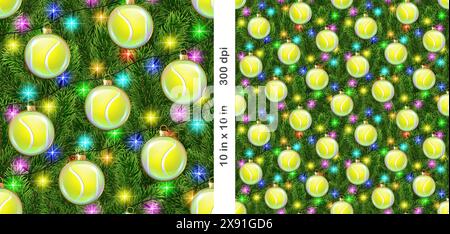 Nahtloses Fliesenmuster für Christmas Tennis. Realistisches Weihnachtsbaum- und Lichtermuster mit Tennisbällen als Weihnachtsdekoration. Stockfoto