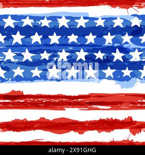 Nahtloses Muster der US-Wasserfarbenflagge. Amerikanischer Nationalfeiertag. Handgezeichnete Vektorgrafik. Modischer Textildruck, trendiger Stoff oder Wr Stock Vektor