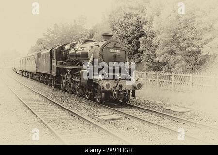 Die Black Five 44871 von Ian Riley steht am 25. Mai 2024 für die West Coast Railways 34067 Tangmere im jährlichen Northern Belle Dining Train. Stockfoto