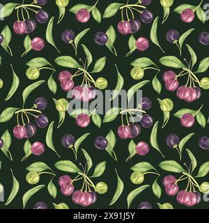 Maqui Beere, lila rosa Frucht nahtlos Muster mit Blättern. Aristotelia chilensis textiler Aquarell-Ornament-Clipart. Lebhaftes chilenisches Weinbeermuster für Kleidung, Papier, Scrapbooking und Tapeten Stockfoto