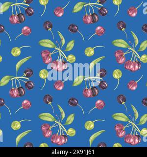 Maqui Beere, lila rosa Frucht nahtlos Muster mit Blättern. Aristotelia chilensis textiler Aquarell-Ornament-Clipart. Lebhaftes chilenisches Weinbeermuster für Kleidung, Papier, Scrapbooking und Tapeten Stockfoto