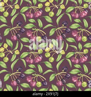 Maqui Beere, lila rosa Frucht nahtlos Muster mit Blättern. Aristotelia chilensis textiler Aquarell-Ornament-Clipart. Lebhaftes chilenisches Weinbeermuster für Kleidung, Papier, Scrapbooking und Tapeten Stockfoto
