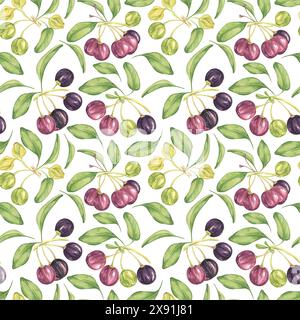 Maqui Beere, lila rosa Frucht nahtlos Muster mit Blättern. Aristotelia chilensis textiler Aquarell-Ornament-Clipart. Lebhaftes chilenisches Weinbeermuster für Kleidung, Papier, Scrapbooking und Tapeten Stockfoto