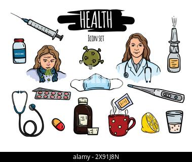Satz von bearbeitbaren Vektorsymbolen für Gesundheit, covid, Impfung und Krankheitsprävention. Helle farbige Illustration handgezeichnet Stock Vektor