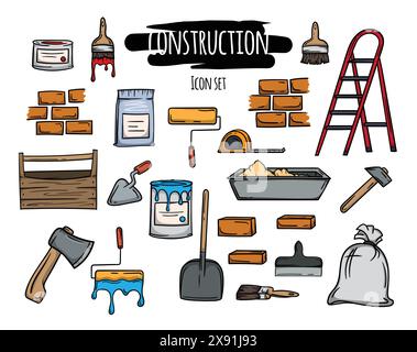 Bunte Symbole für Konstruktion, Reparatur, Materialien und Werkzeuge. Bearbeitbare Vektorabbildung Stock Vektor