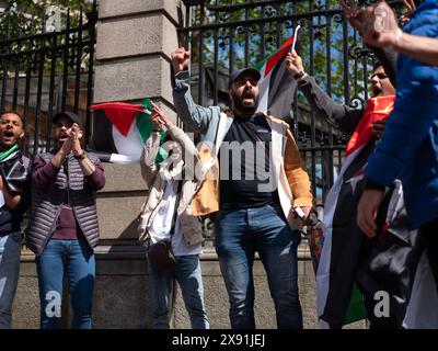 Pro-palästinensische Demonstranten vor dem Dáil Eireann in der Kildare Street in Dublin, als Irland den palästinensischen Staat offiziell anerkannte. Stockfoto