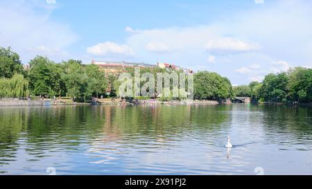 Berlin, 25. Mai 2024, Sommerblick über den Urbanhafen in Richtung Fraenkelufer mit Admiralbrücke im Hintergrund Stockfoto