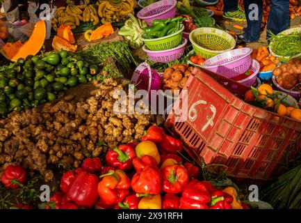 Eine Vielzahl von bunten Obst- und Gemüsesorten verteilt sich über einen Tisch und präsentiert eine vielfältige Auswahl an gesunden Produkten. Äpfel, Bananen, Tomaten Stockfoto