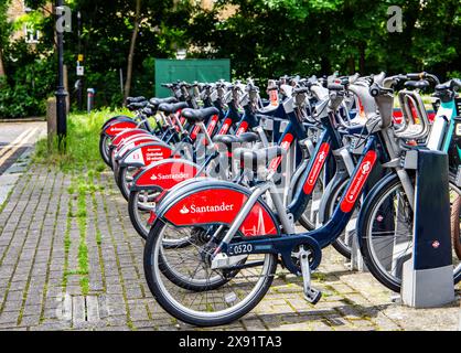 Eine Reihe von Santander-Leihfahrrädern, die in einer grünen Straße in einer Dockingstation geparkt sind. Stockfoto