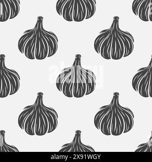 Vektor-nahtloses Muster mit Hand gezeichneter Knoblauchbirne auf weißem Hintergrund. Illustration Des Gemüsevektors. Ganzer Knoblauchkopf in flacher Ausführung. Würzen Stock Vektor