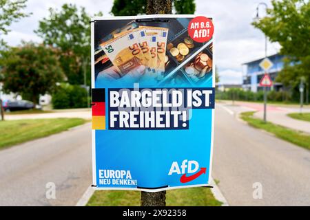 Stettenhofen, Bayern, Deutschland - 28. Mai 2024: Wahlplakat zur Europawahl 2024 der Partei AfD Alternative für Deutschland mit dem Slogan: BARGELD ist FREIHEIT *** Wahlplakat zur Europawahl 2024 von der Partei AfD Alternative für Deutschland mit dem Slogan: BARGELD ist FREIHEIT Stockfoto