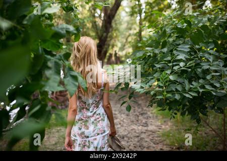 Eine junge Frau in einem Blumenkleid spaziert einen abgelegenen Pfad im Wald entlang, umgeben von üppigem Grün. Dieses Bild fängt einen Moment der Ruhe und ein Stockfoto