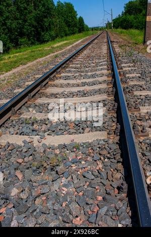 Eisenbahngleise, Stahlstraße für Züge, Blick aus einer niedrigen Perspektive Stockfoto