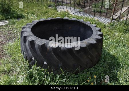 Ein alter Reifen liegt auf dem Gras im Garten. Wasserbehälter zur Bewässerung des Gartens. Stockfoto