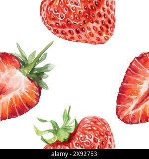 Nahtloses Erdbeermuster, Aquarellfarbe. Ganze und halbe Beeren. Vektorabbildung. Für Verpackungspapier, Stoff, Tapeten, Textilien, Abdeckungen, Saft Stock Vektor