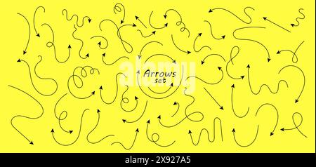 Satz handgezeichneter Pfeile mit dünnen Linien. Sammlung gekrümmter Zeiger. Schwarze Vektorzeiger, die in verschiedene Richtungen zeigen. Einfache Konstruktionselemente eines Stock Vektor