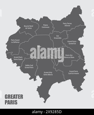 Die Verwaltungskarte des Großraums Paris mit Etiketten, Frankreich Stock Vektor